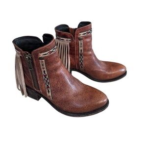 Corral Boots Brown Distressed Leather Side Zip Fringe Ankle Bootie 8.5 Western